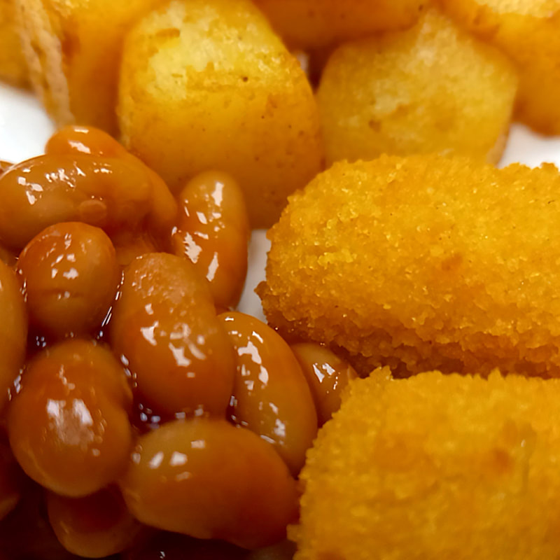 Martinas Homemade Foods fish fingers, potato cubes and beans